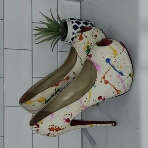 Christian Louboutin White Multicolor Paint-Splatter Peep-Toe Pumps